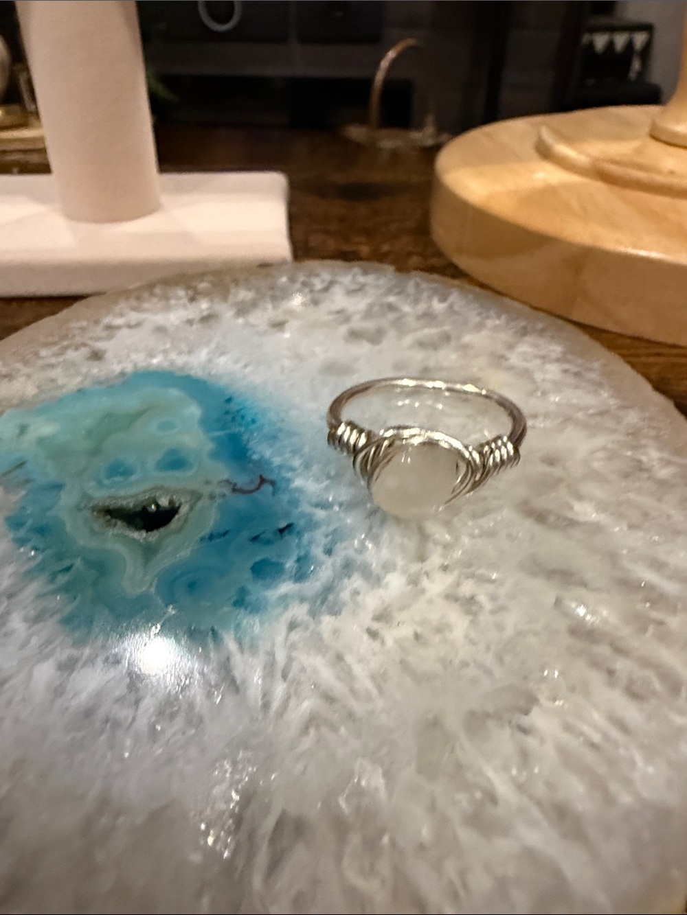 Sterling-Tone Moonstone Wire Wrap Ring in White - Unbranded